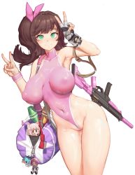 1girl absurdres armpits assault_rifle bad_id bad_pixiv_id bag bare_hips breasts breasts_apart brown_hair character_doll coco_mercury collarbone covered_navel cowboy_shot double_v female_focus fingerless_gloves gloves green_eyes greentree gun hair_ribbon halterneck highleg highleg_one-piece_swimsuit highres holding holding_bag impossible_clothes impossible_swimsuit large_breasts last_origin long_hair looking_at_viewer lrl_(last_origin) mini_perrault_(last_origin) one-piece_swimsuit perrault_(last_origin) pink_one-piece_swimsuit pink_ribbon pussy ribbon rifle side_ponytail simple_background single_glove solo submachine_gun suppressor sweatband swimsuit tomo_(last_origin) tomoe_(last_origin) v weapon weapon_request white_background window_magazine