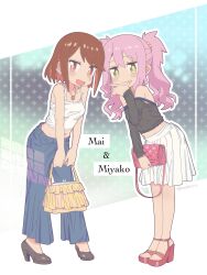 Rule 34 | 2girls, :3, :d, bag, bare arms, bare legs, bare shoulders, black pants, black shirt, black shoes, breasts, brown eyes, brown hair, camisole, character name, colored inner hair, commentary, dot nose, double-parted bangs, earrings, full body, high heels, highres, jewelry, leaning forward, long hair, long sleeves, looking at viewer, matado (almukha), midriff, multicolored hair, multiple girls, nagase minato, navel, necklace, off-shoulder shirt, off shoulder, onii-chan wa oshimai!, open mouth, outline, pants, pink hair, pleated skirt, red hair, red shoes, shirt, shoes, short hair, skirt, small breasts, smile, swept bangs, twintails, two-tone hair, watermark, white camisole, white outline, white skirt, yasaka mai, yellow eyes