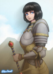 1girl armlet armor black_hair blue_eyes blue_sky bob_cut claymore_(sword) cloud cloudy_sky fantasy hellcross_(dkrejd2000) holding holding_sword holding_weapon jewelry knight looking_at_viewer no_headwear outdoors pauldrons shoulder_armor sky solo sword warhammer_fantasy weapon