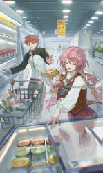 1boy aisle black_jacket brown_vest cart commissioner_insert couple cross cross_print emiya_shirou fate/stay_night fate_(series) food food_focus gaoyue_jixiang groceries highres holding holding_food ice ice_cream igote in_shopping_cart jacket momomiya_shizuku_(gaoyue_jixiang) oc_x_canon orange_hair original pastels pink_eyes price_tag print_ribbon pushing_cart raglan_sleeves red_hair ribbon shopping shopping_basket shopping_basket_cart shopping_cart short_hair skirt vest watermark weibo_watermark white_jacket