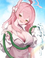 1girl ahoge bikini bikini_under_clothes blue_archive blush bow braid breasts green_eyes hair_bow halo hanako_(blue_archive) hanako_(swimsuit)_(blue_archive) holding holding_hose hose large_breasts long_hair long_sleeves looking_at_viewer official_alternate_costume pink_bikini pink_hair pink_halo see-through_clothes see-through_shirt shirt smile solo swimsuit undreaming wet wet_clothes wet_shirt white_shirt