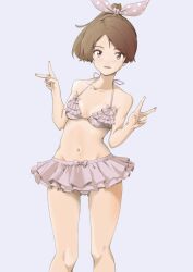 Rule 34 | 1girl, alternate costume, bikini, bikini skirt, brown eyes, brown hair, chakoru, double v, feet out of frame, frilled bikini, frills, grey bikini, highres, kantai collection, navel, ponytail, ruffle bikini, shikinami (kancolle), short hair, solo, swimsuit, v