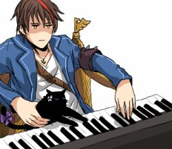 1boy anger_vein angry animated animated_gif armband black_cat bow cat frederica_bernkastel frederica_bernkastel_(cat) instrument jitome keyboard_cat lowres male_focus meme multicolored_hair no_naku_koro_ni_(series) piano playing red_hair ribbon ryuukishi07 shaded_face simple_background sitting solo streaked_hair tail tail_bow tail_ornament two-tone_hair umineko_no_naku_koro_ni upper_body white_background willard_h._wright yellow_eyes