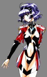 1girl aqua_centolm black_bridal_gauntlets blush breasts bridal_gauntlets cleavage clothing_cutout detached_collar emblem gluteal_fold green_eyes jacket leotard medium_breasts medium_hair mikage_nao navel navel_cutout official_art open_clothes open_jacket purple_hair simple_background skin_tight solo stomach super_robot_wars super_robot_wars_mx