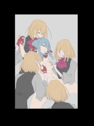 5girls aaaboutle absurdres aver_(yumenokessho) bang_dream! bang_dream!_it&#039;s_mygo!!!!! black_border black_vest blonde_hair blue_hair border bow bowtie closed_eyes clothed_female_nude_female commentary completely_nude cunnilingus doloris_(bang_dream!) facial_tattoo gloves grabbing_another&#039;s_breast grey_background grey_shirt groping hair_bow harem hashtag-only_commentary highres holding_another&#039;s_wrist long_sleeves medium_hair misumi_uika multiple_girls navel nipples nude open_mouth oral purple_bow purple_bowtie red_bow red_gloves shirt simple_background smile sweets_paradise tattoo togawa_sakiko vest yellow_eyes yumenokessho yuri