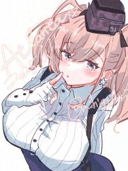 1girl atlanta_(kancolle) black_hat blue_eyes breasts dress earrings garrison_cap gloves hat highres jewelry kantai_collection large_breasts looking_at_viewer mihigidari military_hat open_mouth partially_fingerless_gloves pinafore_dress pink_hair shirt simple_background skirt sleeveless sleeveless_dress solo star_(symbol) star_earrings suspender_skirt suspenders two_side_up white_background white_shirt