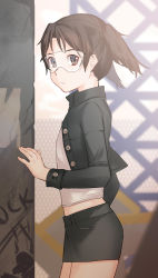 1girl absurdres amasawa_yuuko arugc bad_id bad_pixiv_id black_jacket black_shorts brown_eyes brown_hair dennou_coil fence goggles graffiti highres jacket looking_at_viewer outdoors shirt short_hair short_twintails shorts standing tinted_eyewear twintails visor white_shirt