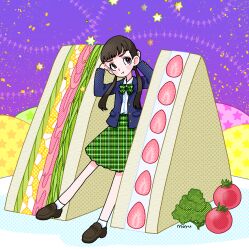 Rule 34 | 1girl, blue jacket, blush stickers, bow, broccoli, brown eyes, brown footwear, brown hair, cherry tomato, closed mouth, food, fruit, fujishima moyu, green skirt, highres, jacket, loafers, long hair, original, oversized food, oversized object, plaid bow, plaid clothes, plaid skirt, sandwich, shirt, shoes, skirt, socks, strawberry, tomato, twintails, white shirt, white socks