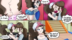 1futa 1girl age_difference apron baseball_cap blue_eyes breasts brown_hair covered_testicles denim denim_shorts diabolussex futanari hat highres hilda_(pokemon) incest kiss long_hair medium_breasts mother_(pokemon) nintendo pokemon pokemon_bw ponytail shorts testicles unova_mother_(bw)