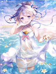 1girl baizu_(guszx) bare_shoulders blue_eyes blue_ribbon blush clothes_pull cloud covered_navel dress grey_hair hair_ornament hair_ribbon hand_in_own_hair in_water lake looking_at_viewer navel open_mouth outdoors ponytail ribbon see-through_clothes shironeko_project short_hair short_ponytail sky smile solo standing swimsuit thighs tina_topia wet