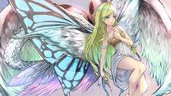 1girl angel_wings bird_wings blonde_hair blue_eyes butterfly_wings clenched_hand cross dragonfly_wings dress female_focus hand_on_own_chest highres insect_wings ladybug_wings multiple_wings original smile_(qd4nsvik) solo strap_slip tri_drills white_dress wings