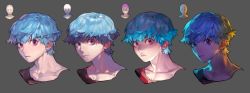 1boy backlighting blue_hair brown_shirt closed_mouth grey_background highres looking_at_viewer multiple_views original pigeon666 purple_eyes shirt short_hair simple_background underlighting
