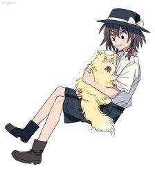 1girl animal animalization black_hat black_skirt boots bow brown_boots brown_eyes brown_hair cat closed_mouth collared_shirt commentary fedora from_side full_body hair_bow hat hat_ribbon holding holding_animal holding_cat maribel_hearn medium_hair mob_cap re_ghotion red_bow ribbon shirt short_sleeves skirt smile symbol-only_commentary tearing_up touhou transparent_background trembling usami_renko white_bow white_hat white_ribbon white_shirt yellow_cat