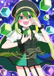 1girl alina_gray black_vest cube green_eyes green_hair hat highres laughing long_hair looking_at_viewer magia_record:_mahou_shoujo_madoka_magica_gaiden mahou_shoujo_madoka_magica miniskirt open_mouth peaked_cap purple_background riuriumagi shirt short_sleeves skirt solo very_long_hair vest white_shirt