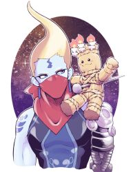 Rule 34 | 2boys, :3, blonde hair, blue skin, blush stickers, chibi, chrono cross, closed mouth, colored skin, cyborg, grobyc (chrono cross), male focus, mechanical arms, minashirazu, mojo (chrono cross), multiple boys, single mechanical arm, smile, space, spiked hair, star (sky)