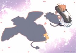 1girl antenna_hair cardcaptor_sakura cat_shadow_puppet_(meme) child commentary different_shadow english_commentary hair_bobbles hair_ornament heart kero_(cardcaptor_sakura) kinomoto_sakura kneehighs meme miniskirt orange_hair pleated_skirt school_uniform shadow skirt snowspringcraft socks tomoeda_elementary_school_uniform twitter_username two_side_up white_socks