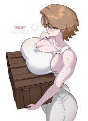 1girl 2025 annoyed ass bare_shoulders blue_eyes blush box breast_rest breasts brown_hair cleavage closed_mouth collarbone commentary cowboy_shot crate curvy english_commentary eyes_visible_through_hair female_focus freckles freckles_on_breasts from_above highres holding holding_box huge_breasts inconvenient_breasts lips looking_ahead marinerx narrow_waist original shirt short_hair simple_background solo sweat tank_top white_background white_shirt