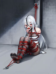 1girl absurdres anal anal_object_insertion arms_behind_back ball_gag bare_shoulders bdsm black_pantyhose bondage bound bound_ankles bound_arms bound_breasts bound_calves bound_feet bound_legs bound_thighs bound_torso bound_wrists breast_bondage breasts china_dress chinese_clothes commentary_request crotch_rope dildo dildo_harness double_penetration dress drooling elbow_gloves female_focus forced_orgasm gag gag_harness gagged gloves grey_hair hair_ornament highres indoors kumachi_(aikawaakeya) large_variant_set long_hair looking_at_viewer medium_breasts no_shoes object_insertion original pantyhose red_eyes restrained saliva sex_toy shibari shibari_over_clothes sitting skindentation solo tape taped_hands turtleneck turtleneck_dress vaginal vaginal_object_insertion variant_set very_long_hair vibrator