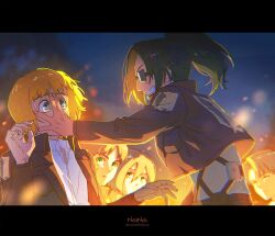 1girl 1other 3boys armin_arlert black_hair blonde_hair blue_eyes brown_hair brown_jacket cropped_jacket embers eren_yeager fire glasses green_eyes grin hair_between_eyes hand_on_another&#039;s_face hange_zoe highres jacket levi_(shingeki_no_kyojin) long_hair long_sleeves looking_at_another mikasa_ackerman multiple_boys night noinoichebura parted_bangs parted_lips ponytail shingeki_no_kyojin shirt short_hair smile survey_corps survey_corps_(emblem) sweatdrop teeth three-dimensional_maneuver_gear upper_body white_shirt wide-eyed