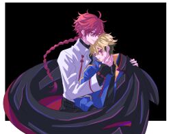 Rule 34 | 2boys, ahoge, black background, black hair, black jacket, black pants, black shirt, blonde hair, blood, blood on face, blue jacket, border, bracelet, braid, braided ponytail, chinese knot, closed eyes, collared shirt, hand on another&#039;s neck, hand on another&#039;s shoulder, highres, holding, holding unworn clothes, hug, jacket, jacket on shoulders, jewelry, long hair, long sleeves, looking at viewer, male focus, multicolored hair, multiple boys, outside border, pants, parted lips, pomp0727, red eyes, red hair, shiguang dailiren, shirt, short hair, simple background, single braid, sleeves past wrists, smile, tassel, turtleneck, twitter username, white border, white shirt, xia fei, xiao weiying, yaoi
