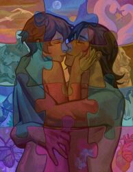 Rule 34 | 1boy, 1girl, absurdres, animal, arm around back, bird, brown hair, bug, butterfly, closed eyes, color filter, completely nude, convenient censoring, covering privates, fish, flower, forget-me-not (flower), hand on another&#039;s shoulder, heart (organ), highres, hug, imminent kiss, insect, jigsaw puzzle, lion, medium hair, moon, nude, original, penguin, puzzle, sergeant (fish), short hair, silverheather, sunset, swan, wolf, wolf cut