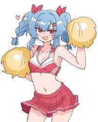 1girl :d absurdres alternate_costume bare_shoulders blue_hair blush braid breasts cheering cheerleader cleavage colphne_(girls&#039;_frontline_2) crop_top cropped_shirt girls&#039;_frontline girls&#039;_frontline_2:_exilium hair_between_eyes hair_ornament hair_ribbon hairclip hands_up heart highres leaning_to_the_side looking_at_viewer medium_hair midriff miniskirt navel nikukabe open_mouth pleated_skirt pom_pom_(cheerleading) red_eyes red_ribbon red_shirt red_skirt ribbon shirt skirt sleeveless sleeveless_shirt small_breasts smile solo standing stomach twin_braids twintails