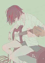 amplifier black_hair bracelet commentary_request crow_(nikke) electric_guitar goddess_of_victory:_nikke guitar highres instrument jewelry mero_(ilsttkgbz11) multicolored_hair music playing_guitar playing_instrument pleated_skirt plectrum red_hair ring school_uniform shirt short_hair short_sleeves simple_background sitting skirt white_shirt