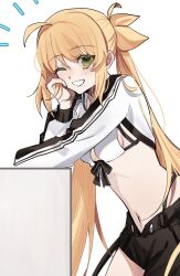 710_ao ahoge artoria_caster_(fate) artoria_caster_(swimsuit_berserker)_(fate) artoria_caster_(swimsuit_berserker)_(first_ascension)_(fate) artoria_pendragon_(fate) asymmetrical_legwear blonde_hair bow breasts cowboy_shot cropped_jacket fate/grand_order fate_(series) green_eyes hand_on_own_cheek hand_on_own_face highres leaning_on_object long_hair looking_at_viewer navel open_mouth short_hair shorts small_breasts smile striped_clothes twintails uneven_legwear