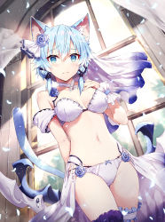1girl animal_ear_fluff animal_ears bare_shoulders blue_eyes blue_flower blue_hair blue_rose blush bow bow_panties bra breasts cat_ears cat_girl cat_tail closed_mouth collarbone commentary_request crotch_seam curtains flower gabiran hair_between_eyes hair_flower hair_ornament hand_up indoors looking_at_viewer medium_breasts navel panties rose see-through_curtains short_hair sinon sinon_(sao-alo) solo sword_art_online tail thighs transparent underwear white_bra white_panties window