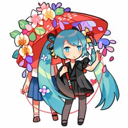 2girls :o aqua_eyes aqua_hair blush character_request flower full_body getiao hair_ribbon hatsune_miku long_hair lowres multiple_girls pantyhose parasol parted_lips petals ribbon simple_background solo_focus standing string string_of_fate twintails umbrella very_long_hair vocaloid white_background