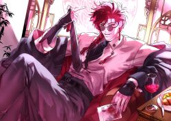 1boy alcohol ankko0823 belt black_belt black_jacket black_pants black_shirt bracelet braid braided_ponytail chinese_clothes chinese_knot collared_shirt couch crossed_legs cup drinking_glass earrings feet_out_of_frame folded_fan folding_fan food glass hair_over_shoulder hand_fan hand_up highres holding holding_fan holding_photo index_finger_raised indoors jacket jacket_partially_removed jewelry knife lattice long_hair long_sleeves looking_at_viewer male_focus necklace off_shoulder on_couch open_clothes pants parted_lips photo_(object) plant plate pointing pointing_at_self reclining red_eyes red_hair red_theme round_eyewear round_window shiguang_dailiren shirt single_braid single_earring sitting sleeves_past_wrists smile solo sunglasses table tassel tassel_earrings teeth turtleneck white_shirt window wine wine_glass xiao_weiying