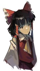 Rule 34 | ascot, black hair, brown hair, detached sleeves, frilled vest collar, hair tubes, hakurei reimu, highres, kornod, looking at viewer, nontraditional miko, sleeveless, touhou, upper body, white background, wide sleeves, yellow ascot