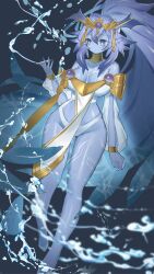 Rule 34 | 1girl, alternate breast size, alternate hairstyle, blue eyes, blue hair, blue skin, breasts, cleavage, collarbone, colored skin, dominus impulse, dougaku (passionpit777), duel monster, gold collar, gold tiara, highres, large breasts, long hair, panties, pelvic curtain, pointy ears, solo, underwear, white panties, wings, yu-gi-oh!
