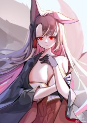 1girl absurdres akagi_(azur_lane) animal_ears arm_under_breasts azur_lane black_gloves black_kimono breast_rest breasts brown_hair cleavage commentary_request dhy-232 expressionless eyeshadow fox_ears fox_girl fox_tail gloves hair_ornament hairclip hand_on_own_chest hands_up highres japanese_clothes kimono kimono_pull kitsune large_breasts long_hair looking_at_viewer makeup multiple_tails pleated_skirt red_eyes red_eyeshadow red_skirt single_bare_shoulder single_ear_down skirt slit_pupils solo tail upper_body very_long_hair wide_sleeves