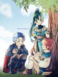 1girl 2boys against_tree blue_eyes blue_footwear blue_hair blue_sky boots brown_footwear cape closed_eyes closed_mouth cloud commentary_request eliwood_(fire_emblem) eliwood_(pledged_friend)_(fire_emblem) fire_emblem fire_emblem:_the_blazing_blade fire_emblem_heroes gold_trim green_eyes hand_on_own_hip hector_(fire_emblem) hector_(sworn_friend)_(fire_emblem) high_ponytail jewelry long_hair lyn_(fire_emblem) lyn_(winds_of_hope)_(fire_emblem) multiple_boys necklace nintendo nishimura_(shinchinagachi) open_mouth ponytail red_cape red_hair sitting sky smile squatting tree