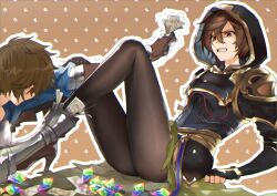2boys armor bishounen blush border breastplate brown_background brown_hair brown_pantyhose doushite fingerless_gloves gloves gold_trim gran_(granblue_fantasy) granblue_fantasy hair_between_eyes high_heels holding holding_another&#039;s_leg holding_money hood hood_up legs long_sleeves looking_at_another male_focus money multiple_boys outstretched_arm pantyhose red_eyes sandalphon_(granblue_fantasy) short_hair shoulder_armor sitting thighs white_border yaoi