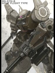 Rule 34 | bottoms1237, gatling gun, glowing, glowing eye, gouf, gouf flight type, gundam, gundam 08th ms team, highres, mecha, mecha focus, minigun, mobile suit, mobile suit gundam, radio antenna, robot, signature, sword, weapon, zeon