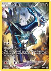 artist_name black_sclera character_name colored_sclera copyright_name copyright_notice dialga english_text fangs gen_4_pokemon legendary_pokemon nintendo no_humans official_art open_mouth pokemon pokemon_(creature) pokemon_card pokemon_focus pokemon_tcg red_eyes solo third-party_source tokiya trading_card
