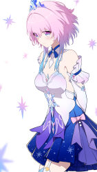 1girl absurdres arm_behind_back blue_collar blue_dress blue_eyes blue_hair bow breasts bright_pupils chinese_commentary closed_mouth clothing_cutout collar colored_tips commentary_request cowboy_shot detached_collar detached_sleeves dress from_side highres honkai:_star_rail honkai_(series) long_sleeves march_7th_(honkai:_star_rail) march_7th_(nascent_spring)_(honkai:_star_rail) medium_breasts medium_hair multicolored_eyes multicolored_hair mxirony official_alternate_costume pink_bow pink_eyes pink_hair pleated_dress short_dress smile solo thighhighs tiara two-tone_eyes white_collar white_dress white_pupils white_sleeves white_thighhighs