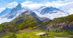 1girl blue_sky bush cape cloud day from_behind grass highres hill landscape mountain mountainous_horizon original painterly red_cape refiend rock scenery signature sky snow standing white_hair