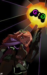 1girl 4chan 8chan cape cover cover_page formal_clothes gamergate gloves green_suit gun hair_ornament hairpin highres holding holding_gun holding_weapon kukuruyo light_brown_hair logo looking_at_viewer looking_down purple_cape science_fiction suit vivian_james weapon