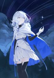 1girl absurdres black_thighhighs blue_eyes cape closed_mouth cloud dress gloves hair_between_eyes highres i_pulled_out_excalibur long_sleeves looking_up merlin_(i_pulled_out_excalibur) mia_(39565899) night night_sky short_hair skirt sky smile solo standing star_(sky) starry_sky thighhighs white_dress white_gloves white_hair white_skirt