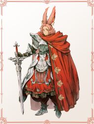 animal_ear_fluff animal_ears arm_armor armor armored_boots armored_dress asymmetrical_clothes blue_eyes boots border braided_sidelock breastplate cape closed_mouth cuirass dress fantasy felt_(spindle_(aidenr0)) forehead frilled_dress frills full_body gauntlets gloves greaves highres holding holding_sword holding_weapon leg_armor legs_apart light_blush long_hair looking_to_the_side original ornate_armor ornate_weapon paladin parted_hair pauldrons pink_hair plate_armor rabbit_ears red_cape red_dress sabaton shoulder_armor simple_background spindle_(aidenr0) standing sword weapon white_background