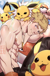 1boy abs absurdres artist_name bara black_pants closed_mouth cloud commentary electricity english_commentary gen_1_pokemon gen_2_pokemon highres holding holding_poke_ball jolteon looking_at_viewer male_focus muscular muscular_male nintendo nipples pants pectorals pichu pikachu poke_ball poke_ball_(basic) pokemon pokemon_(creature) pokemon_go short_hair sky spark_(pokemon) suyohara triangle_necklace