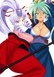 2girls artist_request baiko blue_eyes breasts cleavage dark_skin drill_hair earrings green_hair grey_hair hair_ornament hair_ribbon high_ponytail holding holding_sword holding_weapon japanese_clothes jewelry kimono lance large_breasts lipstick long_hair looking_at_viewer makeup multiple_girls polearm ponytail red_eyes ribbon saber_marionette_j shiny_skin smile sword tamasaburou_(saber_j) very_long_hair weapon wide_hips