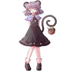 1girl alphes_(style) animal_ears arm_at_side basket black_dress blue_capelet capelet closed_eyes commentary_request dairi dress full_body grey_hair holding holding_with_tail jewelry large_variant_set long_sleeves mouse_(animal) mouse_ears mouse_tail nazrin necklace open_mouth parody pendant prehensile_tail short_hair solo style_parody tachi-e tail touhou transparent_background variant_set