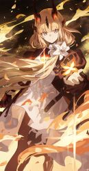 1girl absurdres aqua_eyes arknights black_dress black_horns blonde_hair bodystocking closed_mouth commentary_request dragon_girl dragon_horns dress flower hand_up highres horns light_in_heart long_hair looking_at_object multiple_horns reed_(arknights) smile solo songchuan_li white_flower
