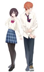 1boy 1girl absurdres adam&#039;s_apple ahoge arm_at_side back-to-back black_necktie black_pants black_pantyhose black_shoes blue_skirt bob_cut bow bowtie braid breasts brother_and_sister brown_eyes brown_hair collared_shirt commentary_request crossed_legs diagonal-striped_bow diagonal-striped_bowtie diagonal-striped_clothes diagonal-striped_necktie earrings fingernails green_eyes hair_between_eyes hand_on_own_arm hand_up height_difference high-waist_skirt highres jewelry kamiyama_high_school_uniform_(project_sekai) loafers long_sleeves looking_ahead looking_at_viewer miniskirt necktie necktie_in_pocket orange_hair pants pantyhose parted_lips pocket profile project_sekai red_bow red_bowtie red_necktie sa_tsuko school_uniform shinonome_akito shinonome_ena shirt shirt_tucked_in shoelaces shoes short_hair siblings simple_background single_braid skirt sleeves_past_wrists small_breasts sneakers standing striped_clothes stud_earrings swept_bangs white_background white_shirt