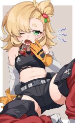 1girl black_shorts blonde_hair blush chawarabi crop_top detached_sleeves gloves goggles green_eyes hair_bun highres long_hair looking_at_viewer lower_teeth_only midriff navel one_eye_closed open_mouth piper_wheel shorts simple_background solo spread_legs tears teeth yawning yellow_gloves zenless_zone_zero
