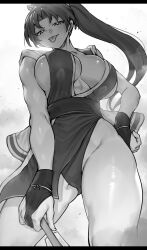 1girl absurdres blush breasts cleavage fatal_fury fingerless_gloves from_below gloves groin hand_fan hand_on_own_hip highres hip_vent japanese_clothes large_breasts legs long_hair looking_at_viewer naughty_face niwarhythm ponytail shiranui_mai sideboob smile snk solo the_king_of_fighters thighs tongue tongue_out